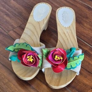 Lulu Guinness Floral Embellished Wooden Clogs Wedge Sandals 37 EU